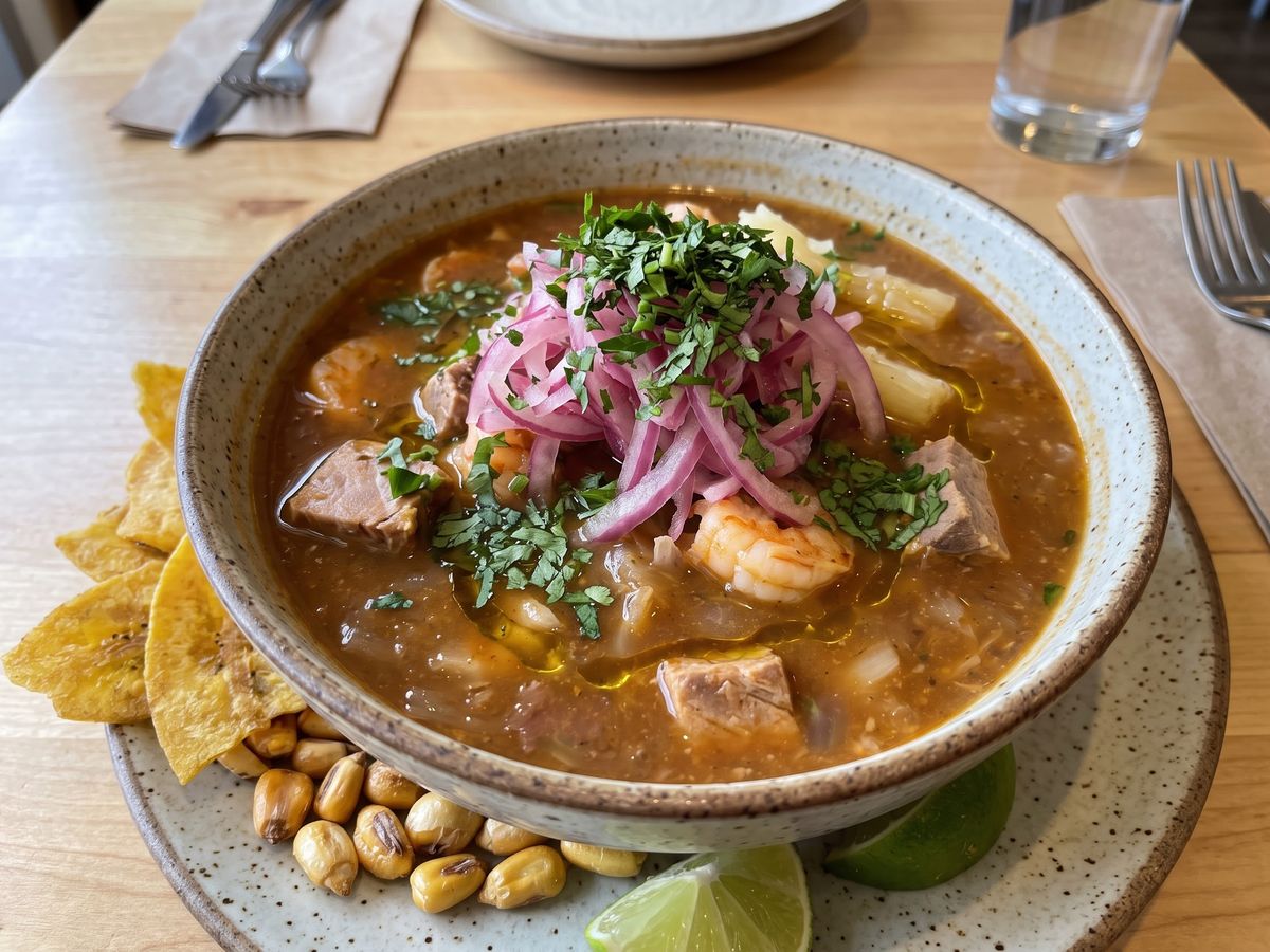 Encebollado mixto with fish, shrimp, pickled onion, chifles and tostado