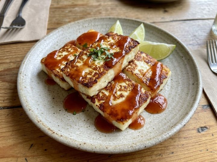 Fried Cheese in Guava Sauce