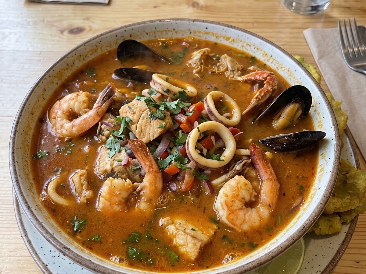 Sopa marinera with shrimp, mussels, squid and crab in a rich seafood broth